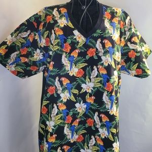 Tropical birds in flight fabric overlay printed tee-shirt